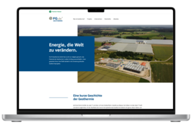 Laptop der die Startseite der FG Geothermie Website anzeigt